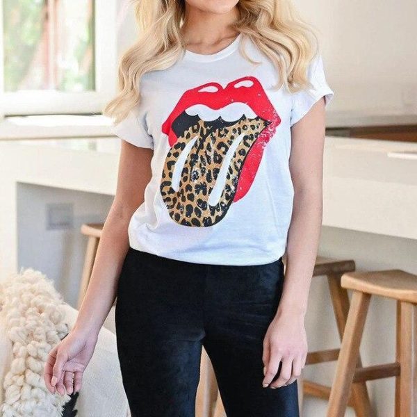 Funny Shirt Women Fashion Sexy Tops and Shirt Casual Funny Red Lips Pattern Round Neck Short Sleeve Women Blouse - Hplify