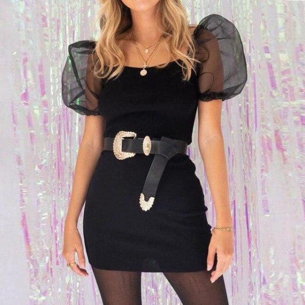 Sexy Dress Fashion Casual Solid Color Mesh Patchwork Square Collar Puff Sleeve Women Dress Short Sleeve Women Bodycon Dress - Hplify