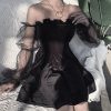 2021 Gothic Sexy Dress Vintage Off Shoulder Lantern Sleeve Mesh Patchwork Velvet Mini Dress Dark Street Black Dress for Female - Hplify