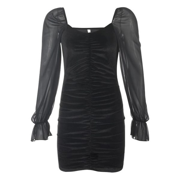 2021 Gothic Sexy Dress Vintage Off Shoulder Lantern Sleeve Mesh Patchwork Velvet Mini Dress Dark Street Black Dress for Female - Hplify