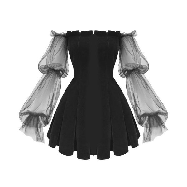 2021 Gothic Sexy Dress Vintage Off Shoulder Lantern Sleeve Mesh Patchwork Velvet Mini Dress Dark Street Black Dress for Female - Hplify
