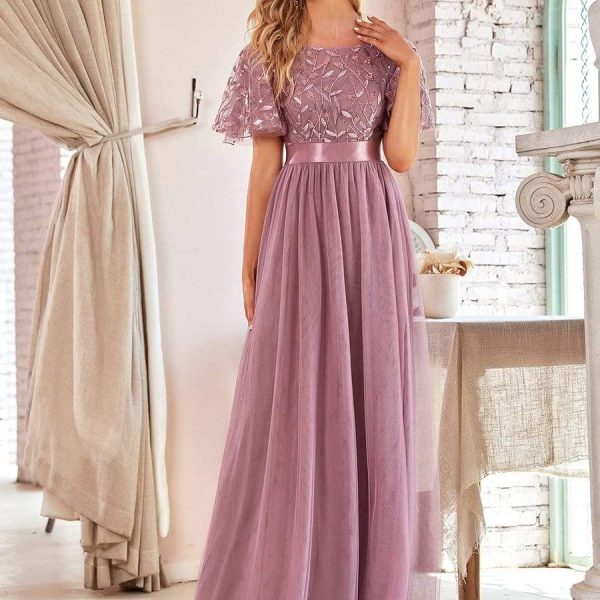 NEW plus size dress  Robe De Soiree Sparkle Evening Dresses Long A-Line O-Neck Short Sleeve LONG Formal Dresses