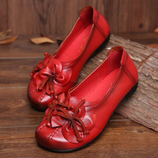 Women Genuine Leather Shoes Casual Loafers Flower Flat Heel Shoes