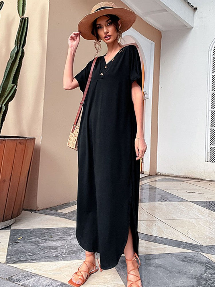 Summer Women Casual Solid Color Pullover T-Shirt Dress Black Vintage Loose Long Dress For Fashion - Image 11