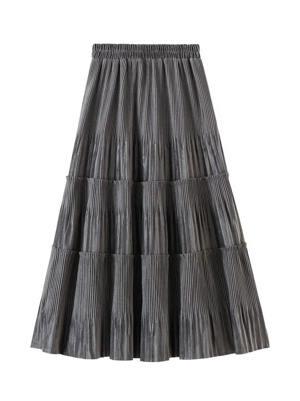 Alternative view of Women's Mid Length Pleated Skirt Gold Velvet Skirt