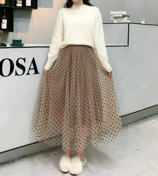 Alternative view of Polka Dot Mesh Skirt Mid Length A-Line Skirt