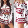 The Best 2PCS New Women Floral Bodycon Long Sleeve Crop Top + Shorts Set Summer Holiday Mini Playsuits Boho Floral Beachwear Online - Hplify