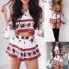 The Best 2PCS New Women Floral Bodycon Long Sleeve Crop Top + Shorts Set Summer Holiday Mini Playsuits Boho Floral Beachwear Online - Hplify