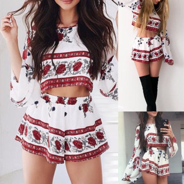 The Best 2PCS New Women Floral Bodycon Long Sleeve Crop Top + Shorts Set Summer Holiday Mini Playsuits Boho Floral Beachwear Online - Hplify