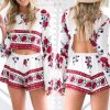 The Best 2PCS New Women Floral Bodycon Long Sleeve Crop Top + Shorts Set Summer Holiday Mini Playsuits Boho Floral Beachwear Online - Hplify
