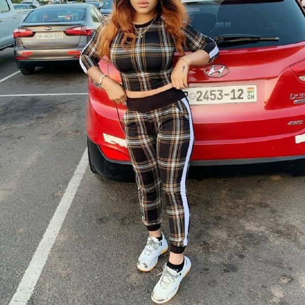The Best 2pcs set Women Casual Tracksuit Jogging Gym Sports Hoodies Sweatshirt Plaid Cropped Tops+Pants Trousers Suit Online - Hplify