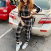 The Best 2pcs set Women Casual Tracksuit Jogging Gym Sports Hoodies Sweatshirt Plaid Cropped Tops+Pants Trousers Suit Online - Hplify
