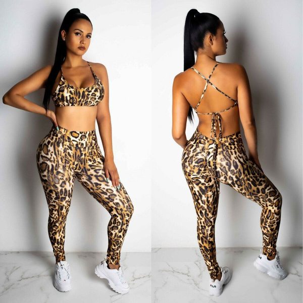 The Best 2PCS Women Sexy Leopard Sport Suit Backless Vest Bra Tops + Stretchy Legging Pants Leopard Tracksuit Hot Online - Hplify