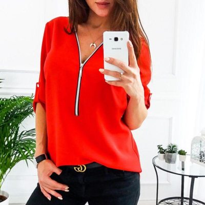3/4 Sleeve sexy v neck blouse shirts for women Summer fashion blouses Elegant office lades top shirts Casual solid blusas - Hplify