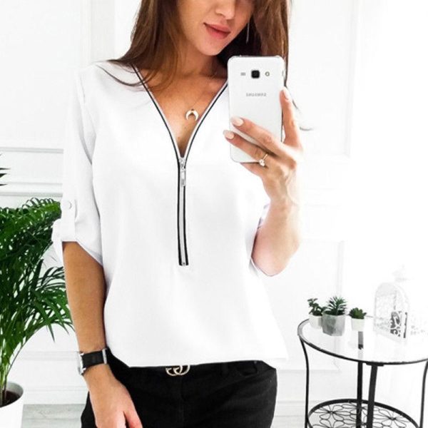 3/4 Sleeve sexy v neck blouse shirts for women Summer fashion blouses Elegant office lades top shirts Casual solid blusas - Hplify