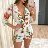 3/4 sleeve wrap rompers womens jumpsuit Summer 2019 sexy v neck club playsuit Floral print jumpsuit shorts Casual overalls femme - Hplify