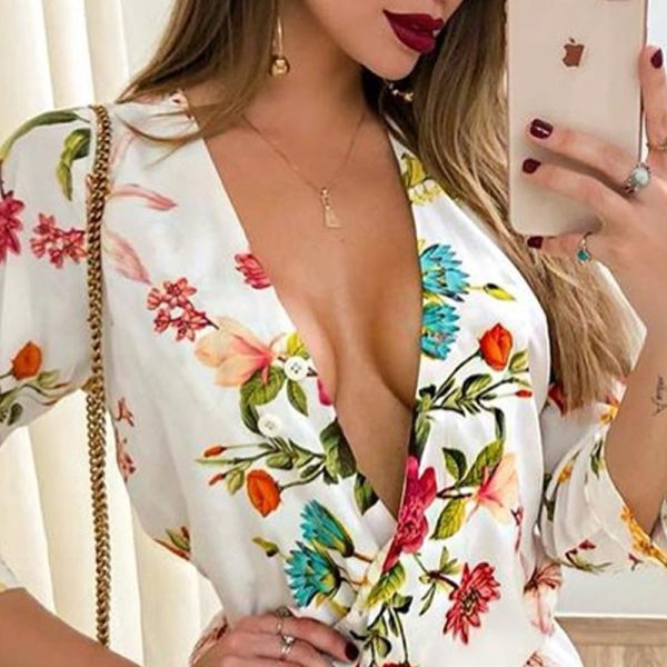 3/4 sleeve wrap rompers womens jumpsuit Summer 2019 sexy v neck club playsuit Floral print jumpsuit shorts Casual overalls femme - Hplify