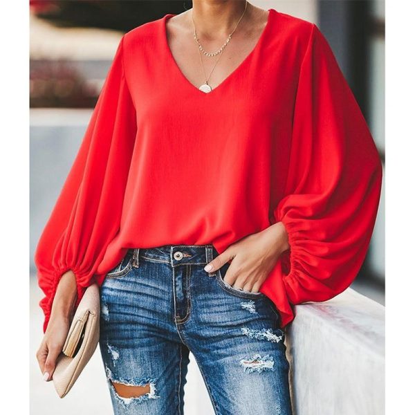 3XL plus size blouse women puff sleeve solid color womens tops and blouses Summer  v neck casual loose top blusas mujer - Hplify