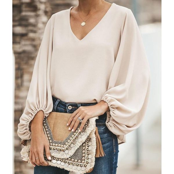 3XL plus size blouse women puff sleeve solid color womens tops and blouses Summer  v neck casual loose top blusas mujer - Hplify