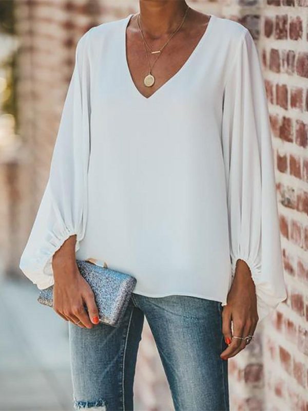 3XL plus size blouse women puff sleeve solid color womens tops and blouses Summer  v neck casual loose top blusas mujer - Hplify