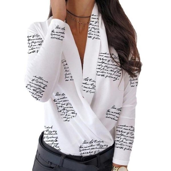3xl Plus Size Letter Print Long Sleeve T Shirt Women V Neck Wrap Shirt Spring Elegant Ladies Workwear Tops Blusa Mujer - Hplify