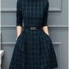 dress autumn outfit women plaid print long sleeve o neck belted outfit - Hplify