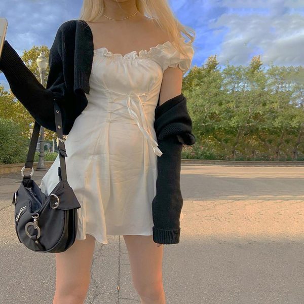 Fashion elegant bow white female mini dress summer party birthday festival cute sexy french romantic silk dress women - Hplify