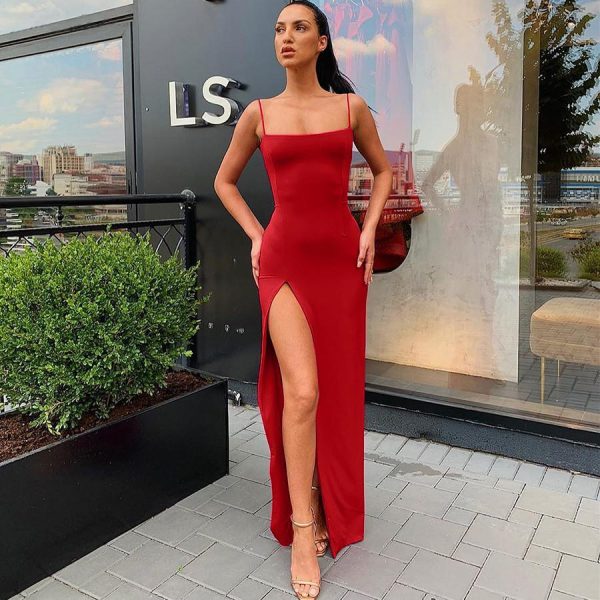 Macheda Autumn Women Spaghetti Strap Dress Autumn Sexy Split Solid Slim Lady Ankle Length Vintage Wear Dress 2019 New - Hplify