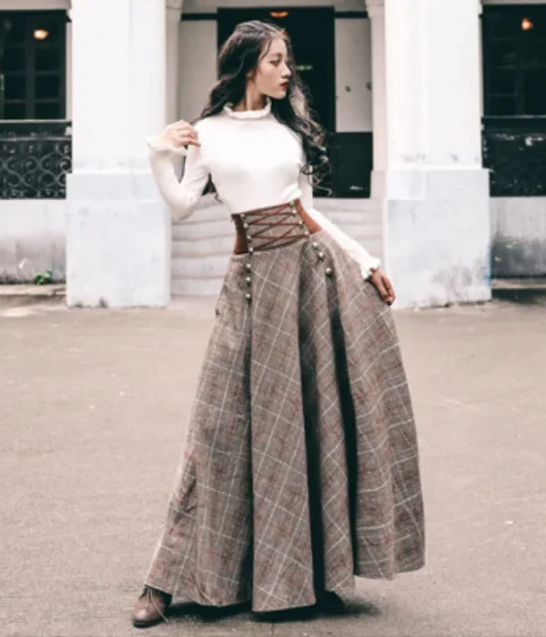 Women Checkered Skirts Vintage High Waisted Button Long Maxi Cotton-Blend Drawstring Skirts