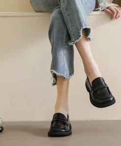 Black Women's Thick Heel Slip-on Casual Loafers Round Toe Womens Shoes