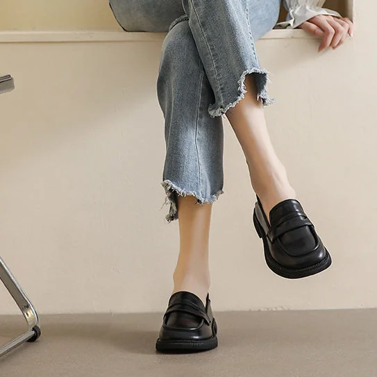 Black Women's Thick Heel Slip-on Casual Loafers Round Toe Womens Shoes