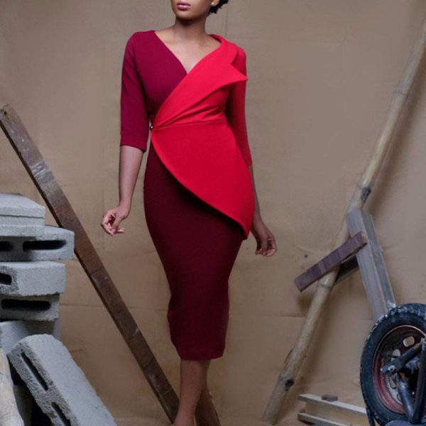 Autumn Winter Women Elegant Mid Calf One Step Skirt Dress Women Patchwork V-neck Bodycon OL Dress - Hplify