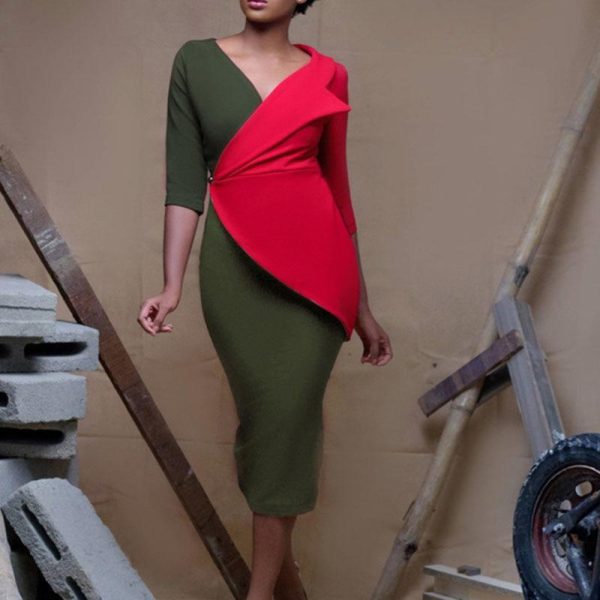 Autumn Winter Women Elegant Mid Calf One Step Skirt Dress Women Patchwork V-neck Bodycon OL Dress - Hplify