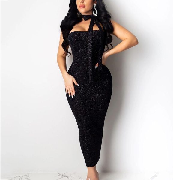 Backless Glitter Bandage Dress Women Slim Fit Glittering Midi Bodycon Dress Sexy Strapless Black Party Dresses Vestidos Mujer - Hplify
