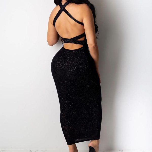 Backless Glitter Bandage Dress Women Slim Fit Glittering Midi Bodycon Dress Sexy Strapless Black Party Dresses Vestidos Mujer - Hplify