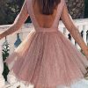 Backless glitter sheer mesh dress women Shinny A-line pink party dress Elegant long sleeve festival clothing dresses vestidos - Hplify