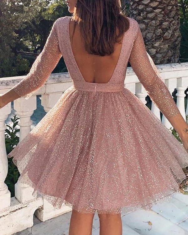 Backless glitter sheer mesh dress women Shinny A-line pink party dress Elegant long sleeve festival clothing dresses vestidos - Hplify