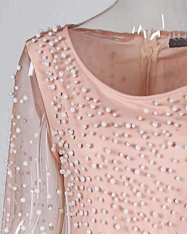 Beaded Embellished Mesh Patchwork Slit Dress Women Long Sleeve Elegant ...
