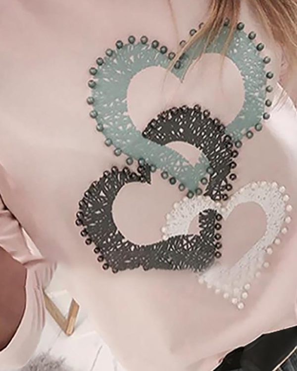 Beaded Heart Print Round Neck Long Sleeve T-shirt Women Spring Fashion Casual Tshirt Femme Blusa Womens Tops Streetwear - Hplify
