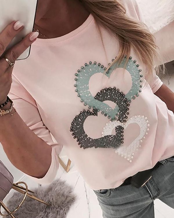 Beaded Heart Print Round Neck Long Sleeve T-shirt Women Spring Fashion Casual Tshirt Femme Blusa Womens Tops Streetwear - Hplify