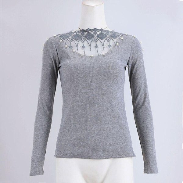 Beading lace applique embellished v-cut top Sexy mesh sheer pearls blouse Autumn fashion grey tops femme long sleeve shirt women - Hplify