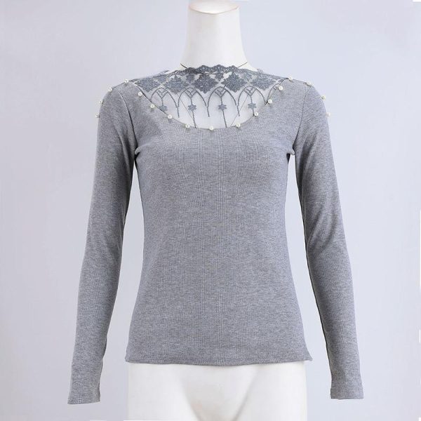 Beading lace applique embellished v-cut top Sexy mesh sheer pearls blouse Autumn fashion grey tops femme long sleeve shirt women - Hplify