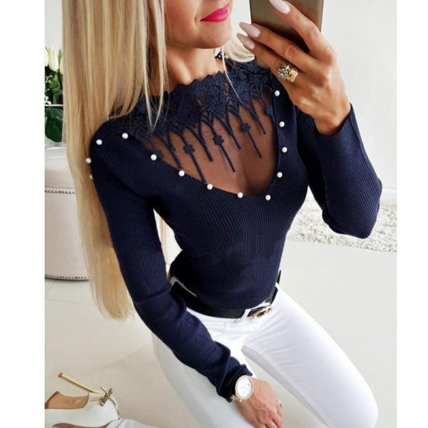 Beading lace applique embellished v-cut top Sexy mesh sheer pearls blouse Autumn fashion grey tops femme long sleeve shirt women - Hplify