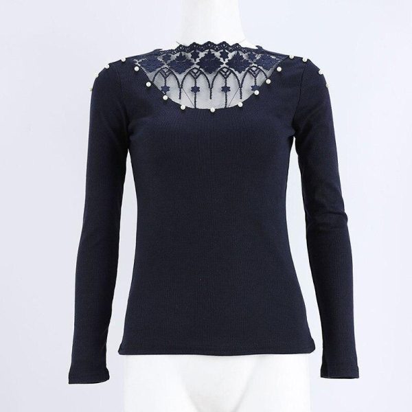 Beading lace applique embellished v-cut top Sexy mesh sheer pearls blouse Autumn fashion grey tops femme long sleeve shirt women - Hplify