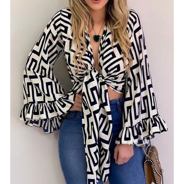 Bell sleeve v neck wrap blouse women Long sleeve front bow tied beach tops shirt Summer Retro print short blusas femme - Hplify