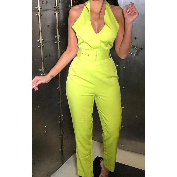 Belted halter jumpsuit for women Sleeveless high waist pants long jumpsuits v neck rompers bodysuit womens overalls - Hplify