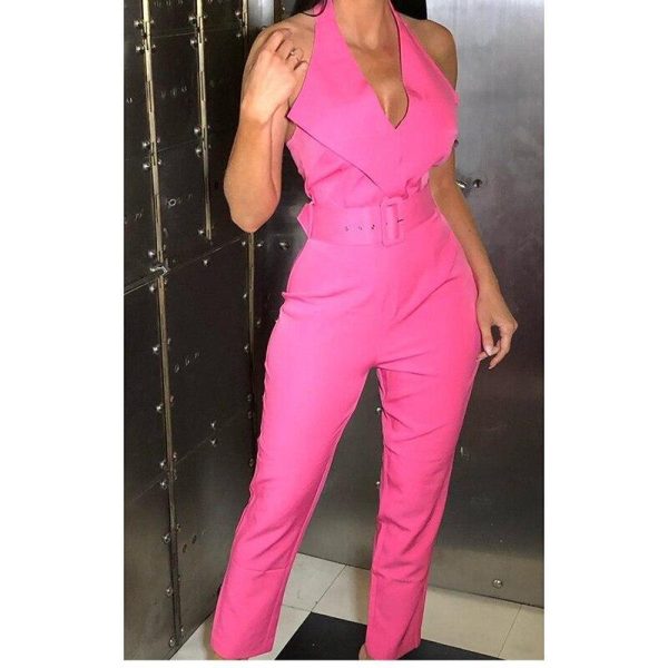 Belted halter jumpsuit for women Sleeveless high waist pants long jumpsuits v neck rompers bodysuit womens overalls - Hplify
