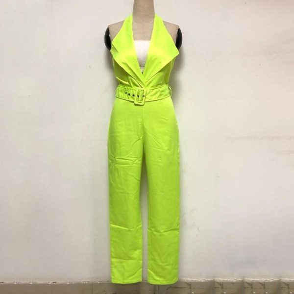 Belted halter jumpsuit for women Sleeveless high waist pants long jumpsuits v neck rompers bodysuit womens overalls - Hplify