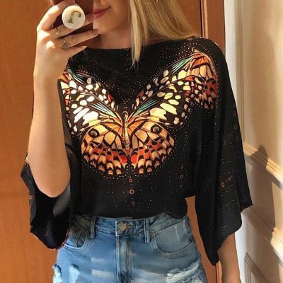 Big butterfly black blouse women 3/4 Sleeve summer tops womens blouse Casual loose streetwear Fashion blusas femme - Hplify