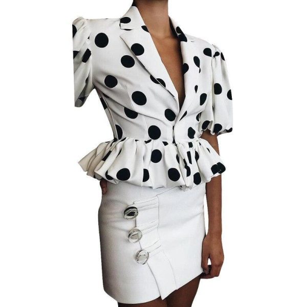 Big polka dots blouse shirt women Short sleeve v neck white blouse Summer  elegant peplum tops Turn down dot blusas femme - Hplify